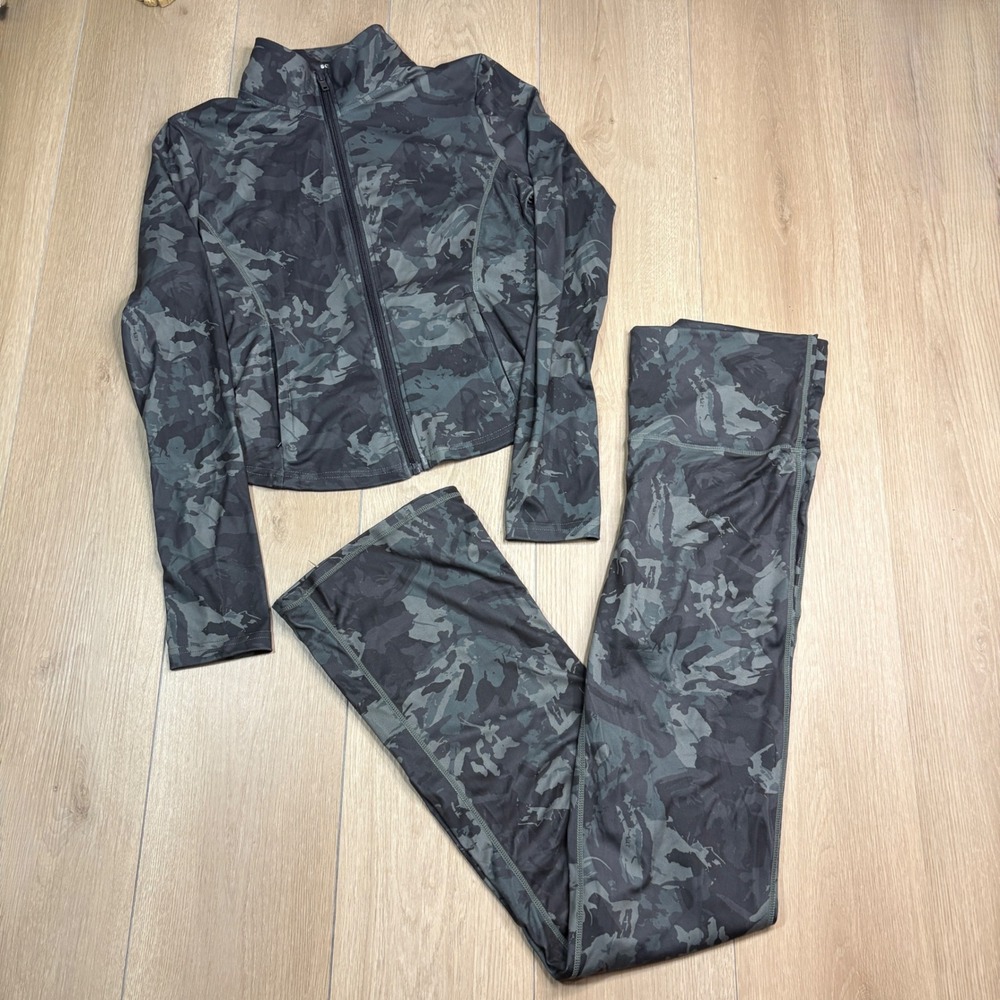 Sommer Ray Womens Camo Activewear Set Zip Jacket & Flare Leggings Green Grey L